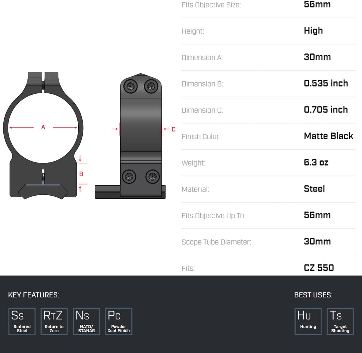 WARNE 15BM CZ 550 Permanently Attached Scope Rings, Solid Steel, Vertically Split, 30 mm, High Matte
