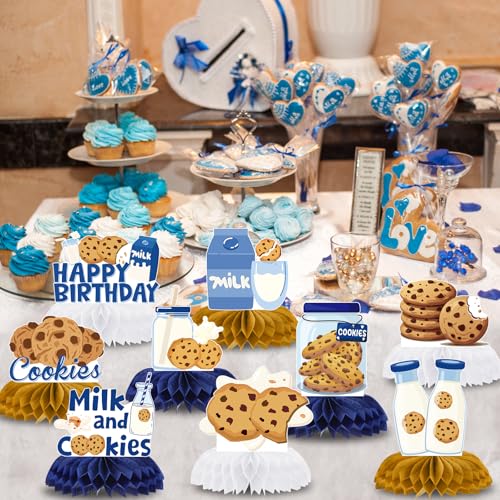 Image of Milk Cookies Birthday Decorations - 9 Pcs Milk and Cookie 1st Birthday Honeycomb Centerpieces, Bule Brown One Sweet Table Toppers Centerpieces, Photo Booth Props for Boys 2nd 3rd Party Decor