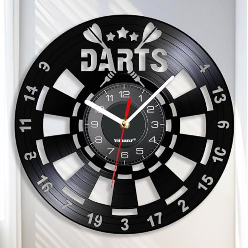 Viiluuxr Vinyl Schallplatten Uhr 30cm Wall Clock Darts Designs Kunsthandwerk Batteriebetrieben Wanduhren ohne Tickgeräusche Bars Küche Spielzimmer Deko EIN Geschenk für Dartbegeisterte. (Schwarz)