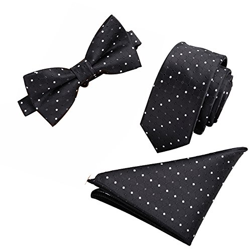 Mens Polyester Skinny 2.4'' Neck Tie Pre-tied Bow Tie Pocket Square/Handkerchief Hankie 3pcs Set (Black White Polka Dots)