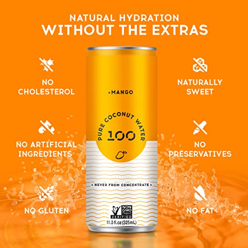 100 Coconuts Mango Pure Coconut-100% Pure Coconut Water - Low Calorie All-Natural Drink with Electrolytes - Naturally Sweet, no preservatives- Non-GMO, 11 fl oz, Pack of 12 (Pure Coconut Water)