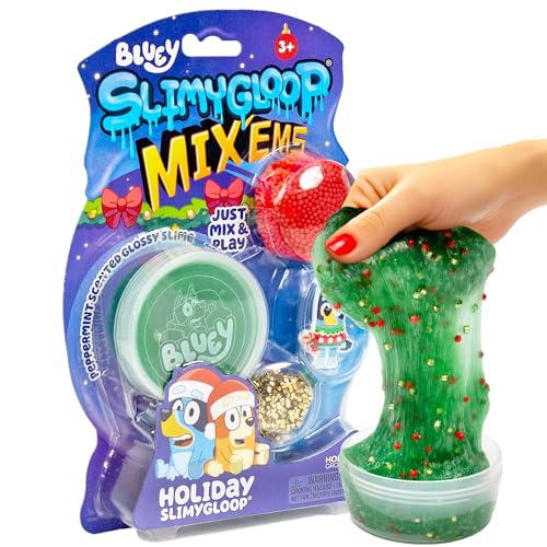 Bluey Holiday SLIMYGLOOP Mix’EMS, Peppermint-Scented Glossy Slime, 3 Fun Slime Add Ins, Bingsu Beads, Mini Foam Balls, Collectible Rubber Charm, Fun Stocking Stuffers, Gifts for Kids, Sensory Toys