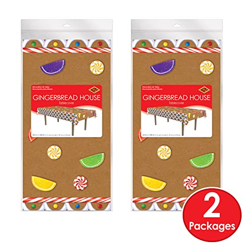 Image of Beistle Gingerbread House Tablecovers, 54 inch x 108 inch, 2 Pieces - Plastic Table Cloth, Rectangular Tablecloth, Table Covers for Party, Gingerbread Party Supplies, Christmas Decorations