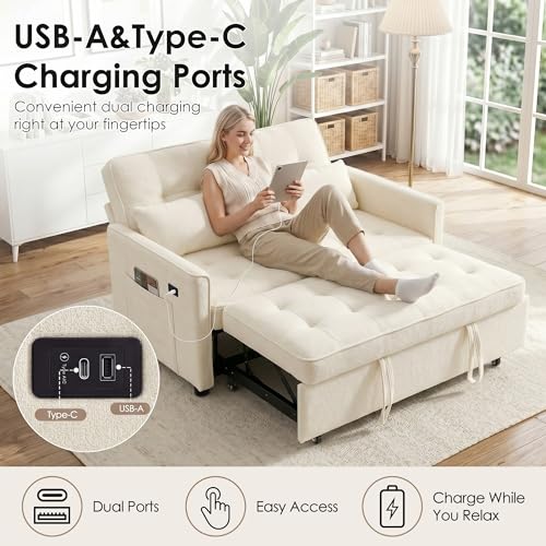 Image of Dreamzie 55'' 3 in 1 Convertible Sofa Bed with USB Charging Ports, Pull Out Couch with Adjustable Backrest and Side Pockets, Sleeper Sofa for Living Room, Apartment, RV, Easy Assembly - Beige