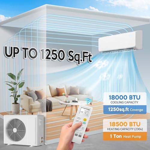 Image of 18000 BTU Mini Split Air Conditioner & Heat Pump - 230V Wall Mount Ductless Inverter AC /Heating System - 19 SEER2, Ultra Quiet, Cools & Heats 1250 Sq Ft
