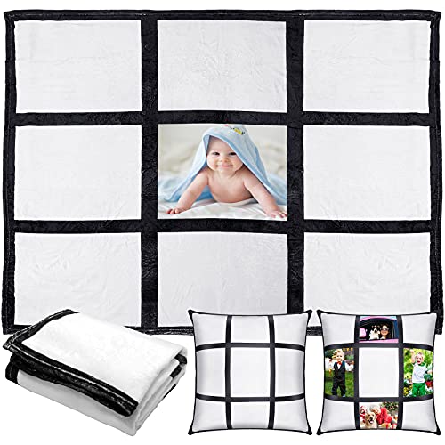 Peryiter 1 Pack Sublimation Blanket Blanks 60"x50" Flannel Throw Blankets for Heat Press and 2 Pcs Blank Pillow Cases Personalized Custom Photo Blanket with 9 Printable Panels Blankets Pillow Cover