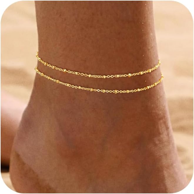Gold Ankle Bracelets for Women,14k Gold/Silver Plated Waterproof Layered lightweight Cuban Link Figaro Chain Heart anklet Bracelets Set Gold Anklets for women Trendy Jewelry Gift