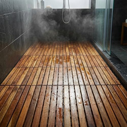 Image of Bare Decor EZ-Floor Interlocking Flooring Tiles in Solid Teak Wood Oiled Finish (Set of 10), Long 9 Slat