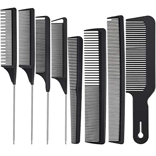 8 Pieces Rat Tail Combs Barber Comb Set Clipper Flattop Barber Comb Carbon Lift Teasing Combs and Heat-Resistant Fiber Cutting Comb for Men Women Styling Comb