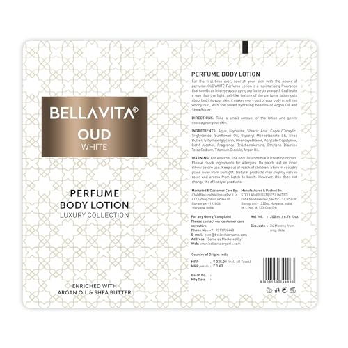 Image of Bella Vita Luxury OUD WHITE Perfume Body Lotion for Nourishing, Hydrating, Soft, Supple,Healthy Skin with Argan Oil and Shea Butter 200 Ml