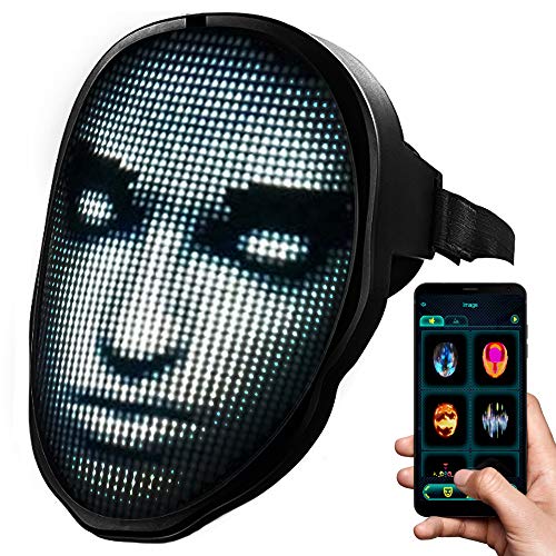 TrendyNow365 Mascarilla recargable LED cambiante, disfraz de Halloween, Cosplay, más de 100 diseños y animaciones, imágenes personalizadas y detección de gestos, 2000+ luces LED RGB, aplicación Bluetooth Smartphone