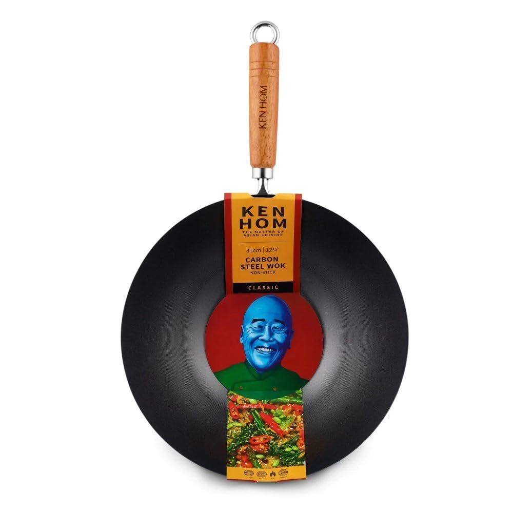 Ken Hom Classic Wok ze Stali Węglowej, Czarny/Drewniany, 35 cm