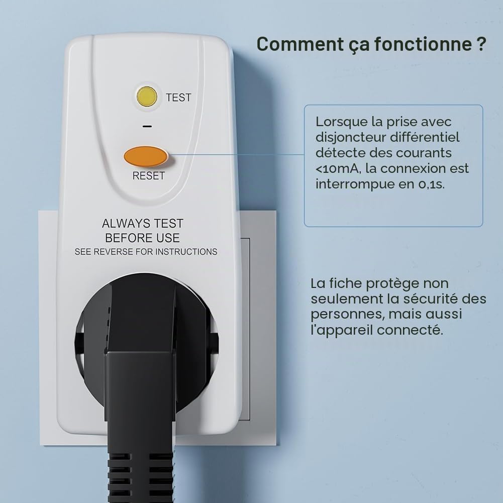 Jevina Lot de 2 fiches de protection contre les fuites Gfci 16 A - Prise RCD - Disjoncteur pour un usage domestique - Prise européenne