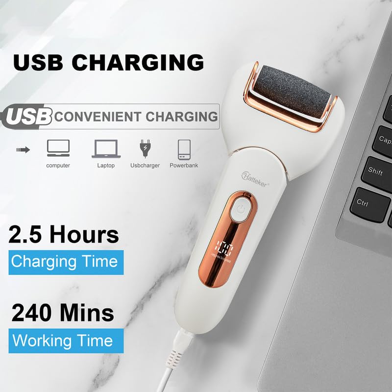 HATTEKER HT-528 Electric Callus Remover for Feet, Rechargeable Callus Remover Pedicure Tools 3 Roller Head & 2 Speed, Digital Display, Foot Care Pedicure Kit for Foot Dead Skin and Calluses, 240 mins 6 51 Xee81Y0L