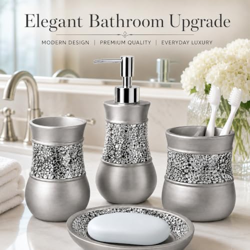 Image of Creative Scents 4 Pc. Resin Bathroom Accessory Set | Silver Crackled Glass | Includes Soap Dispenser, Toothbrush Holder, Tumbler Cup and Soap Dish