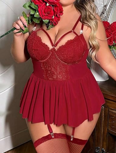 Image of Alrovetoney Plus Size Lingerie For Curvy Women Ruffle Lingerie Set Sexy Lace Lingerie Set Garter Belt With Stockings