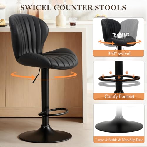 Image of COLAMY Bar Stools Set of 1,Swivel Adjustable Height Leather Bar Chair,Black