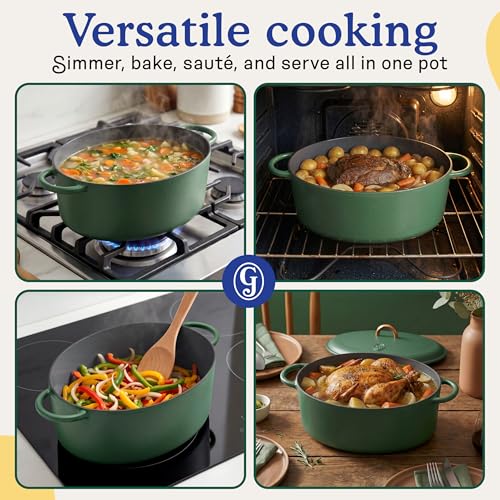 Image of Great Jones 6.75 Quart Enameled Cast Iron Dutch Oven Pot w /Lid (Broccoli) | Large Dutch Oven For Bread Baking, Oval with Dual Handles, All Stovetop Safe up to 500, Non Stick & Dishwasher Friendly