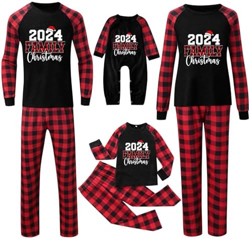 Family Christmas Pajamas Matching Sets Cute Christmas Printed Sleepwear Holiday Funny Letter Pajamas with Plaid