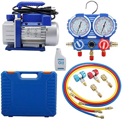 LuckyHigh 3.5 CFM Single Stage Rotary Vane HVAC Air Vacuum Pump, 110V 60Hz 1/4HP R134A Kit with AC Manifold Gauge Set, Hoses, Vacuum Oil Bottle