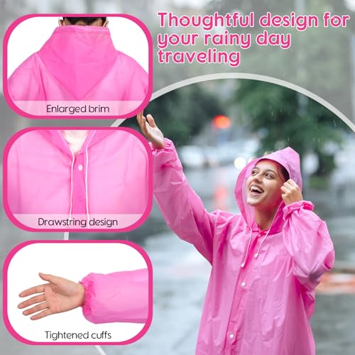 Jeere Pink Reusable Rain Poncho with Hood and Drawstring for Adults - Image 3