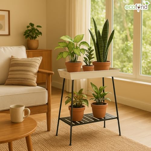 Image of ecofynd Nico Plant Stands for Outdoor Balcony, Flower Pot Stand for Indoor Plants, Metal Planter Stand for Living Room, home decor, Indoor & Outdoor plants, 2 Tier, (PS045-WHTBLK)