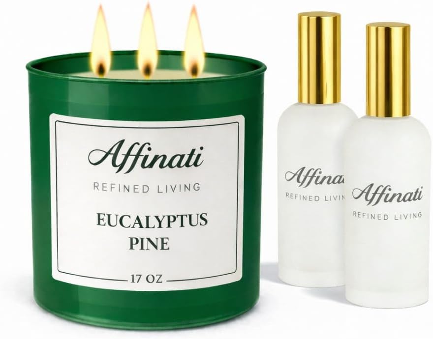 Affinati Candle & Room Spray Bundle – 17 oz 3-Wick Candle + 2 Room & Linen Sprays (4 oz) – Strong Scented Soy Blend Set – Long Lasting Home Fragrance for Room & Linen (French Vanilla)