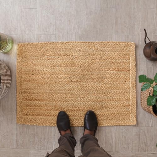 HOMEMONDE Natural Handcrafted Woven Jute Rug 2'x3' - Rustic Vintage