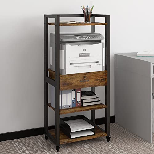 Natwind 4-Tiers Home Office Printer Stand Rack With Drawer Mobile Double Printer Cart With Adjustable Shelves Large Storage Rack On Wheels For Home Office Study Kitchen (Retro) #TOP6
