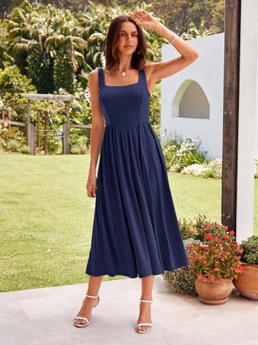 Image of Sureple Midi Dresses for Women 2026 Spring Square Neck Tank Sleeveless A Line Casual Summer Sundresses with Pockets