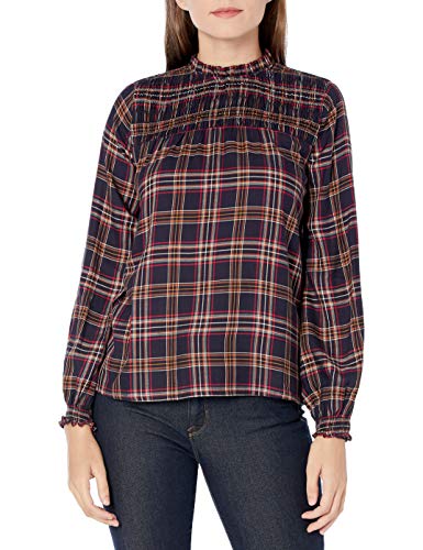 Amazon Brand - Goodthreads Women's Relaxed Fit Fluid Yarn-Dye Twill Long Sleeve Smocked Yoke Crewneck Woven Shirt, Navy/Caramel Plaid, Medium