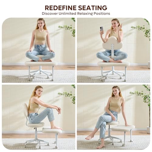 Image of Pinmoco Cross Legged Office Chair with Wheels, Meditation Chair, ADHD Chair for Adults, Wider Height Adjustable Backrest and Seat, Yoga Office Chair, Teddy Fabric, Off White