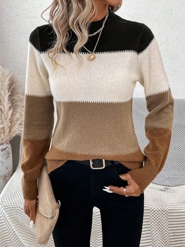 WDIRARA Women's Color Block Sweaters Long Sleeve Mock Neck Tops Loose Knitted Pullover Sweater3