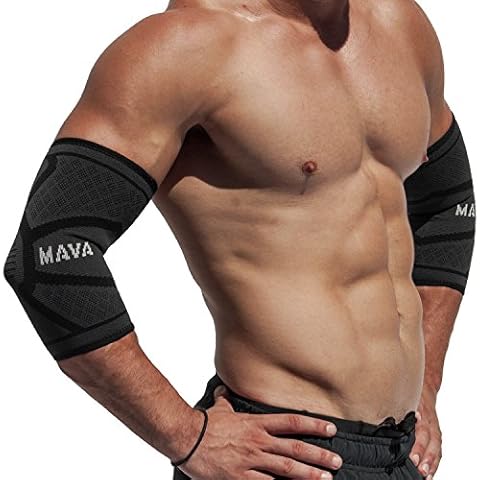 Mava Sports Knitted Elbow Sleeves Recovery Compression (Pair) - Support for Workouts, Weightlifting, Arthritis, Tendonitis, Tennis and Golfer's Elbow - Athletic Elbow Compression Sleeve (Coal, Medium) Cover