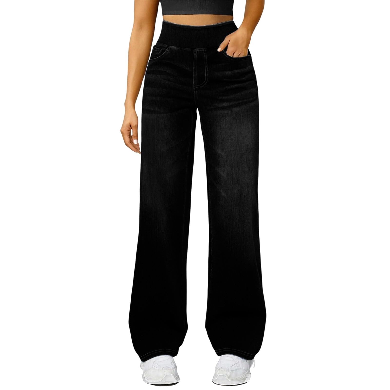Damesjeans met hoge taille en wijde pijpen - Stretchjeans voor dames met elastische tailleband, sluiperjeans, wijde pijpen, mom denimbroek, baggy, Y2K, rechte broeken, oversized, vrijetijdsbroek