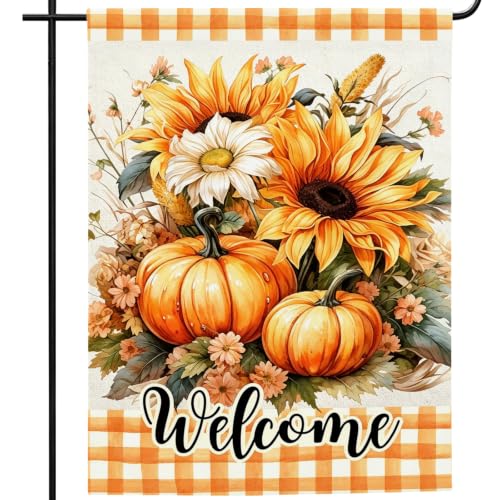 Image of Fall Garden Flag 12x18 Inch Double Sided Welcome Sunflower Pumpkin Outdoor Yard Flag Autumn Porch Decor