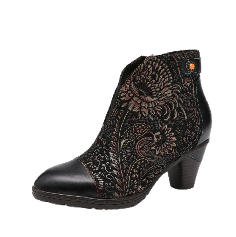Socofy Ankle Boots for Women Autumn Winter Block Heel Leather Boots Bohemian Floral Pattern Boots Outdoor Anti-Slip Side