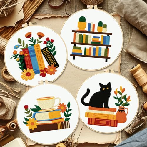 Image of BEUNITONE Flower Embroidery Kit for Beginners 4 Pack Embroidery Starter Kit for Adult Cat Plant Books Pattern Stamped Cross Stitch Set with Instructions Embroidery Hoops Easy for DIY Craft 7.9''