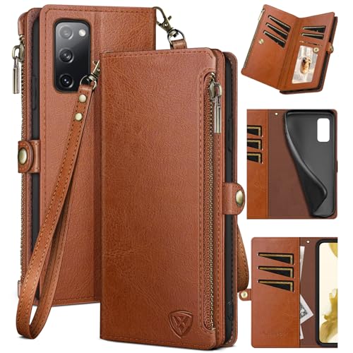 XcaseBar for Samsung Galaxy S20 FE Wallet case with Zipper Credit Card Holder?RFID Blocking?, Flip Folio Book PU Leather Phone case Shockproof Cover Women Men for Samsung S20FE case Light Brown