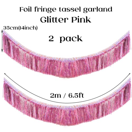 Image of Glitter Pink Fringe Garland -4 Layers Thick, 2 Pack Metallic Tinsel Tassel Banner, Iridescent Party Streamers for Barbie Birthday Disco Bachelorette Wedding Christmas Photo Booth Party Decorations