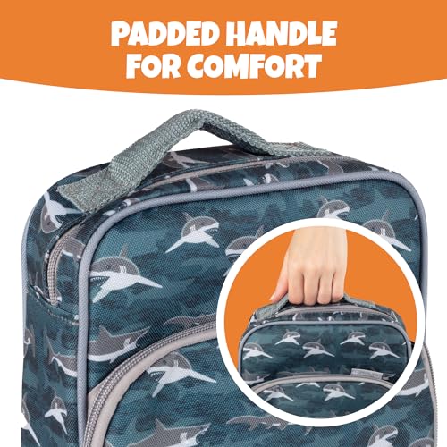 Insulated Lunch Box w Snack Pocket & Water Bottle Holder-Boys or Kids Shark School Lunchbox Tote Keeps Food Hotter or Colder Longer- Reusable Bag Fits Most Bento Boxes, Ice Packs- Back to School