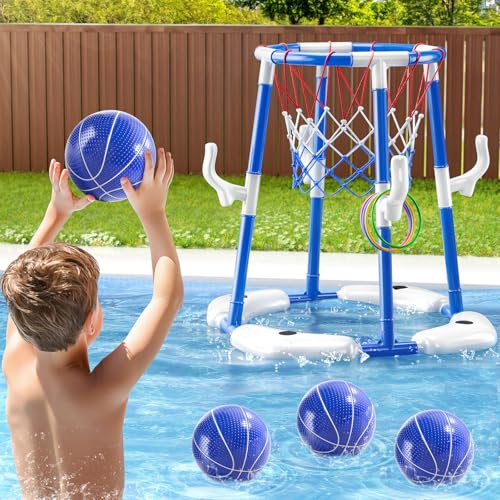 JUKUDAHU Pool-Basketballkorb für Kinder, 2-in-1 schwimmendes Pool Spielzeug mit Ringwurfspiel, 4 Bällen und Pumpe, Outdoor-Pool-Basketballspiel Wasserspielzeug für Jungen, Mädchen 3-12 Jahren