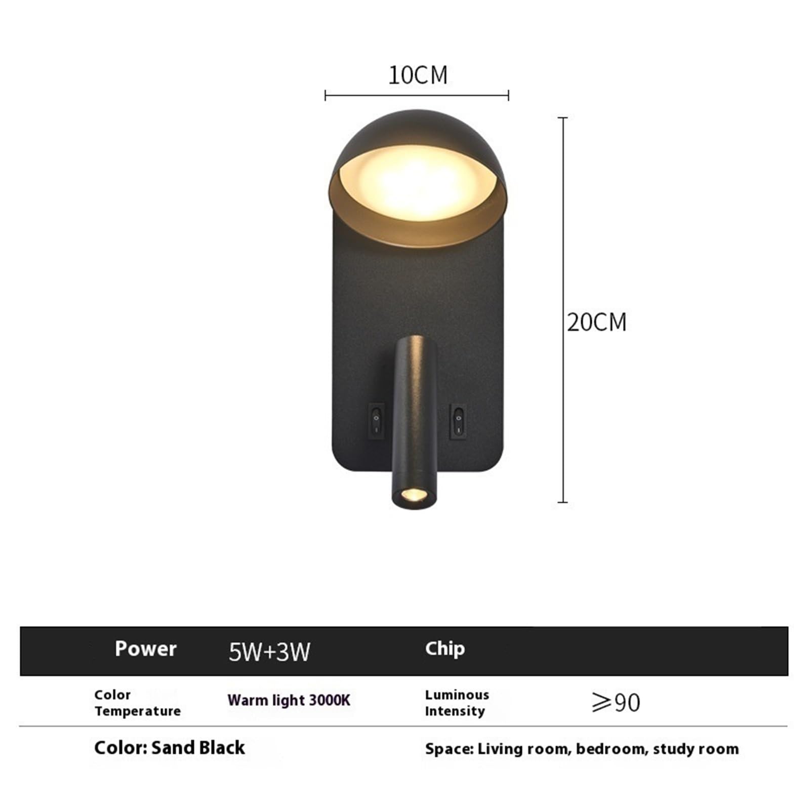 LED-Wandleuchte, USB-Aufladung Typ C, drehbare, oberflächenmontierte Lese-Wandleuchte, LED-Decken-Schlafzimmer, Hotel-Arbeitszimmer (schwarz)