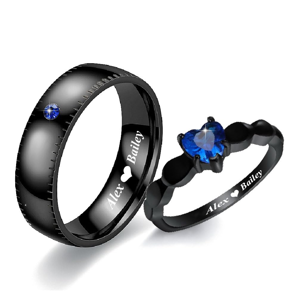 LAxto Personalized Promise rings for Him and Her Black Matching Couple Rings Customizable Titanium Wedding Rings for Men and Women Blue Sapphire Engagement Ring Valentine's Day Christmas Jewelry Gift