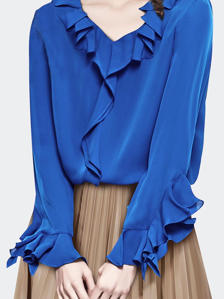 Camisa Tejida Azul con Cuello en V y Manga de Mariposa para Mujer, Blusa Holgada con Volantes para Primavera y Verano, Blusas de Trabajo Informales Suaves y Lisas (Azul M)