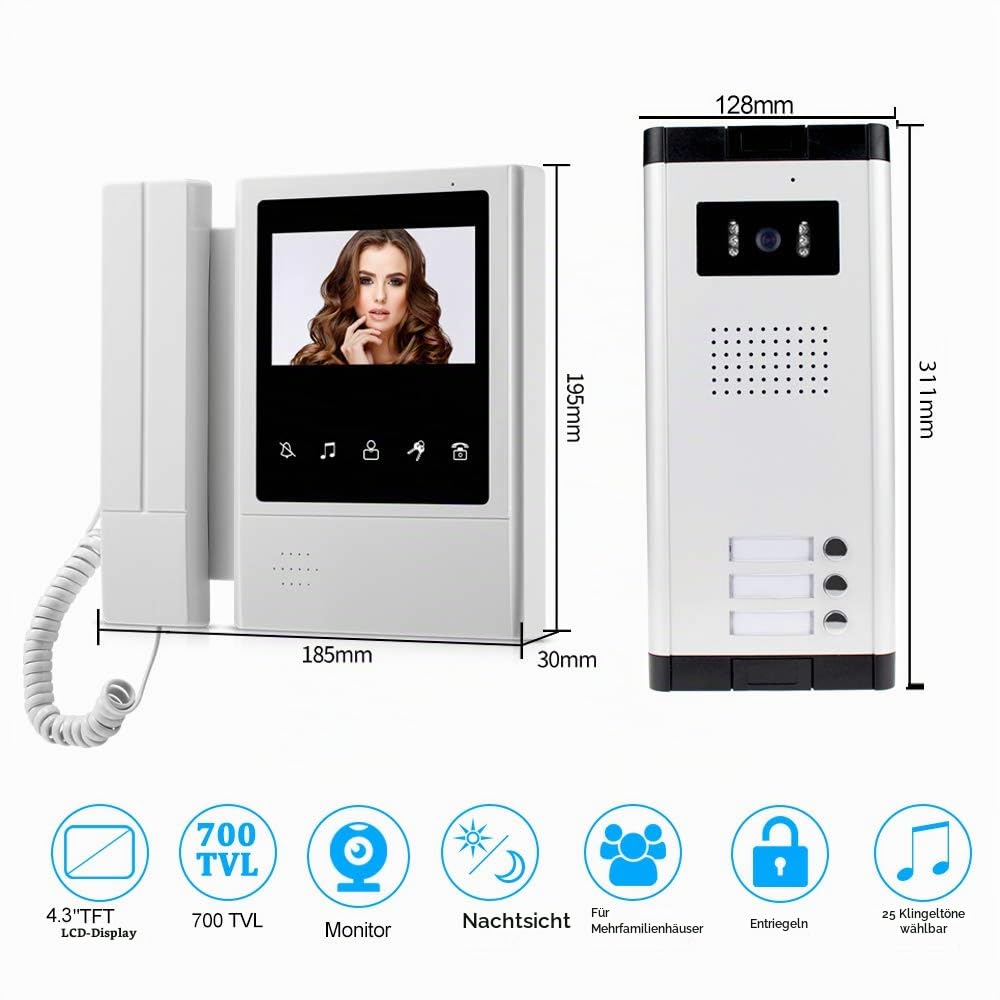 4,3 '' Farb-Video-Türsprechanlage mit Türklingel Intercom-System 3 Monitore + 700TVL IR COMS Nachtsicht-Videokamera für 3 Apartments/Familien