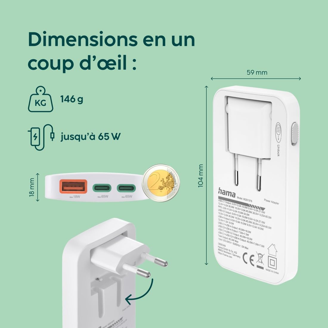 Hama Chargeur Rapide USB-C 65W GaN 3 Ports, sur Secteur, 2X USB-C 65W, 1x USB-A 18W, Mini-Chargeur PD Ultra Plat, Compact et Pliable, Qualcomm Quick Charge, pour PC, Smartphone, Tablette, Blanc