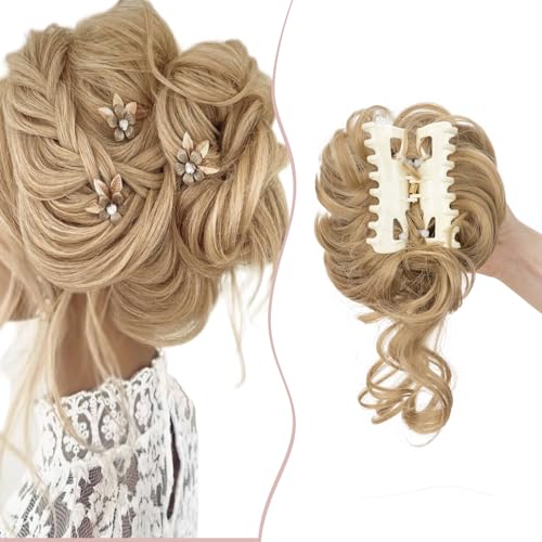 SEGO Chignon Finto per Capelli con Clip Elastico Sintetica Ondulato Finti con Posticci Ciambella Messy Hair Bun 55 G Castano chiaro misto biondo cenere #24