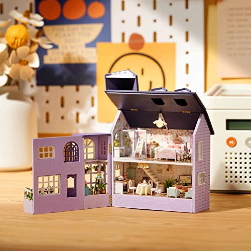 Image of TuKIIE DIY Miniature Dollhouse Kit with Furniture, 1:32 Scale Creative Room Opened & Closed Mini Wooden Doll House for Kids Teens Adults(Happy House)