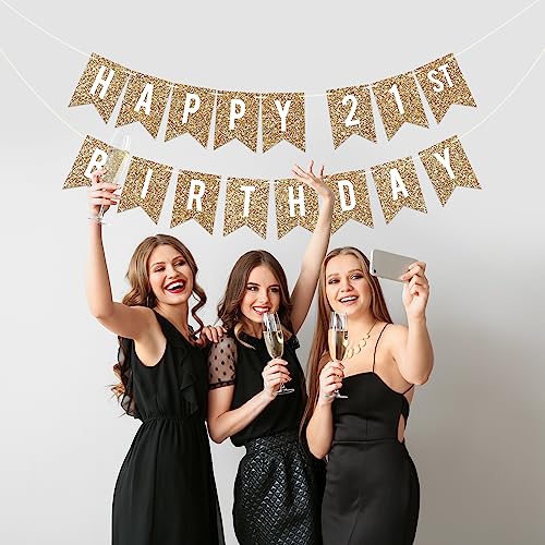 Image of Pre-Strung Happy 21st Birthday Banner - Gold Glitter Birthday Banner | No DIY - Gold Glitter 21st Party Decorations for Men & Women - Pre-Strung on 6 ft Strands - Bday Party Decorations & Decor